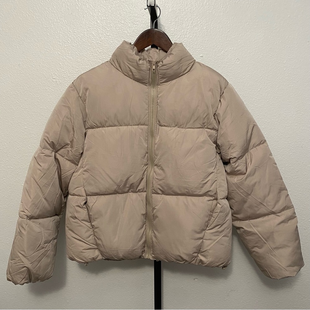 Women’s Tan Funnel Neck Puffer Jacket L Gorpcore Utility Fall Scandi Winter Ski
